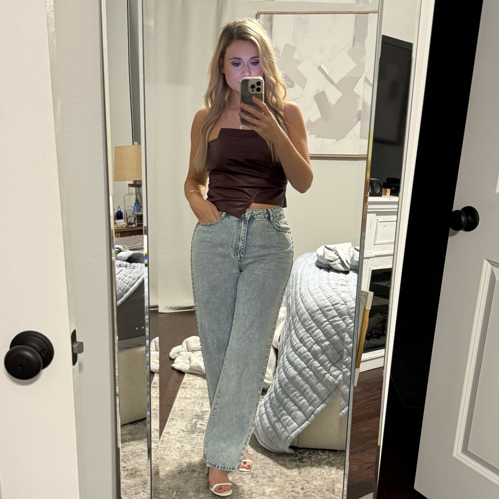 Women's Light Blue Flared Jeans with Silver Stud Accents - Picture 12 of 12